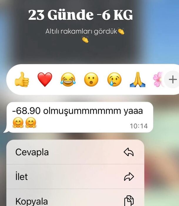 23 günde 6 kilo verdiğini gösteren mesaj