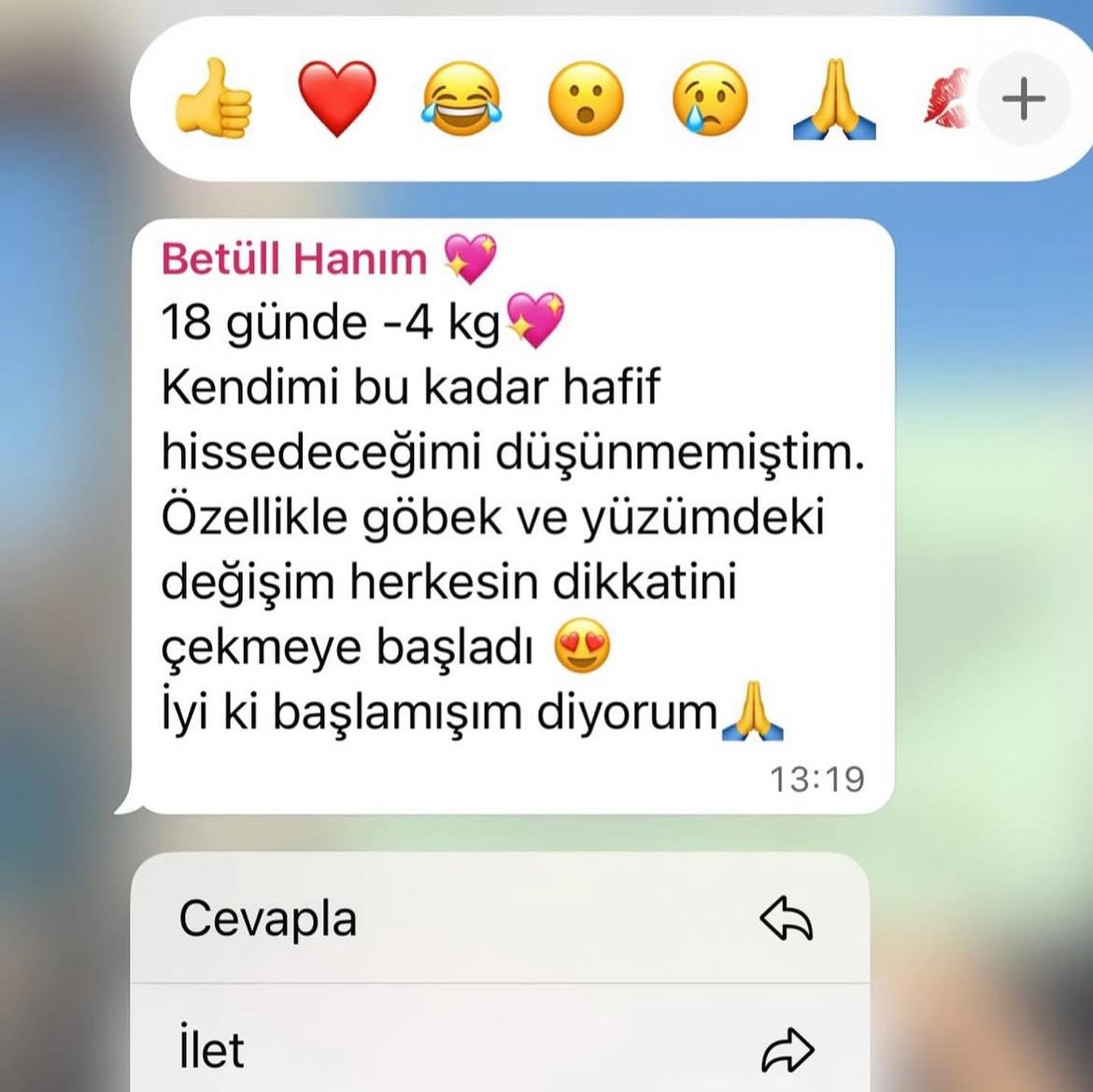 18 günde 4 kilo verdiğini ve değişimin fark edildiğini anlatan mesaj