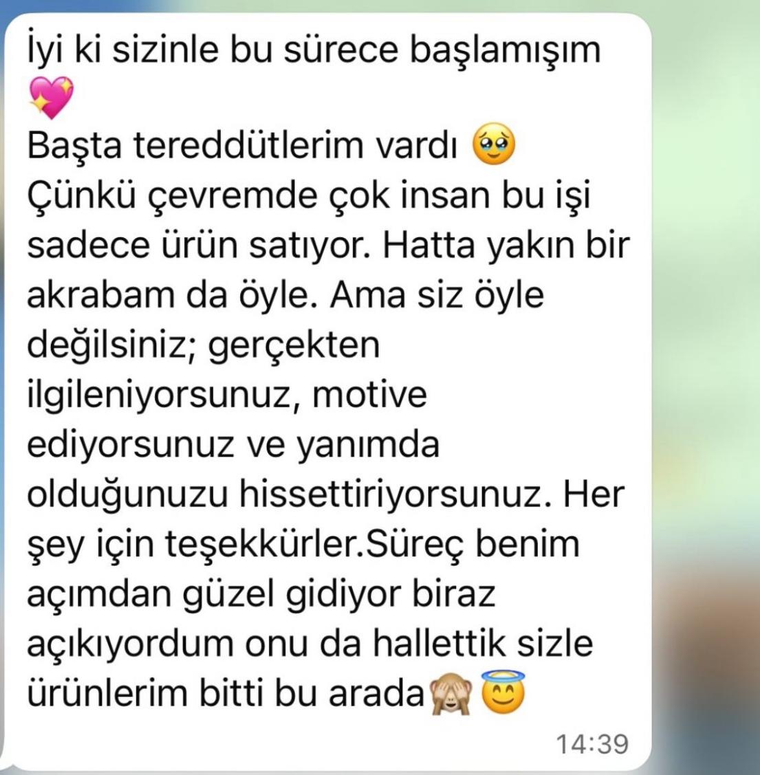 Samimi ilgi ve motivasyon desteğini öven danışan mesajı